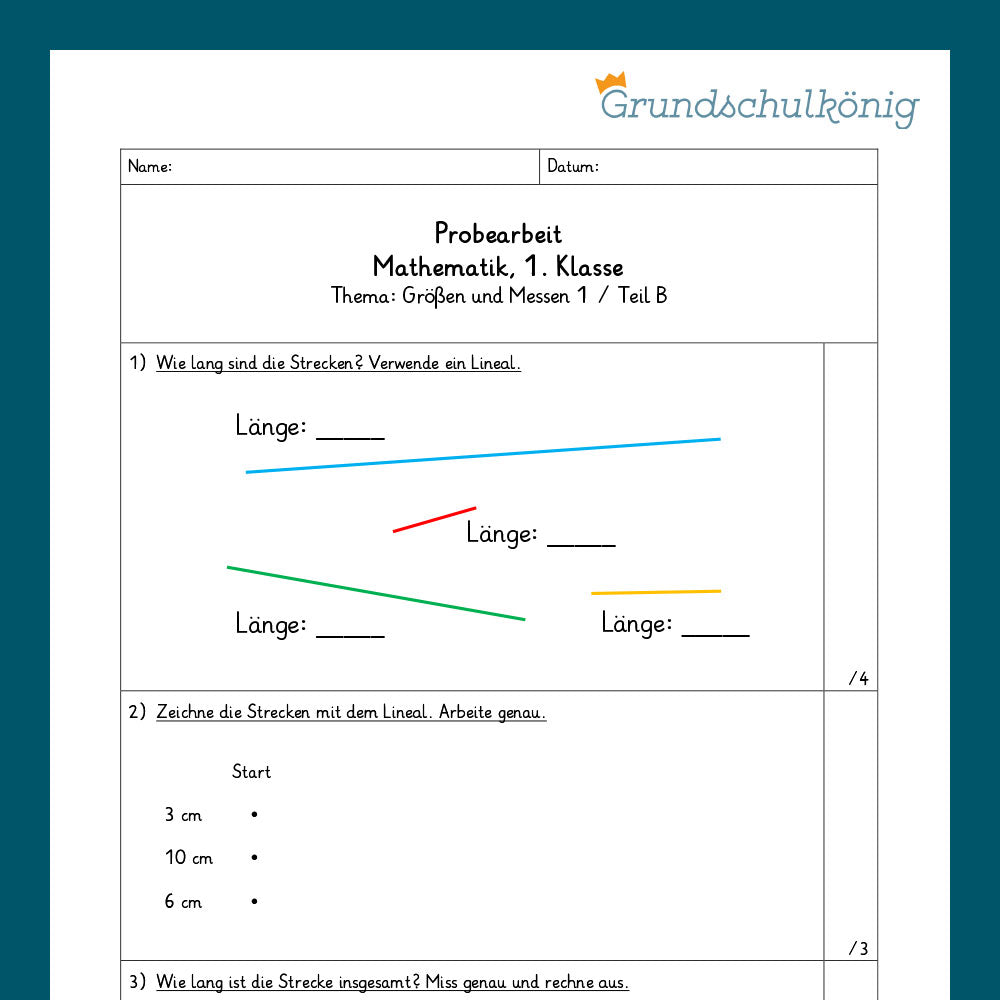 Mathe, 1. Klasse: Zwei Proben - Größen und Messen 1