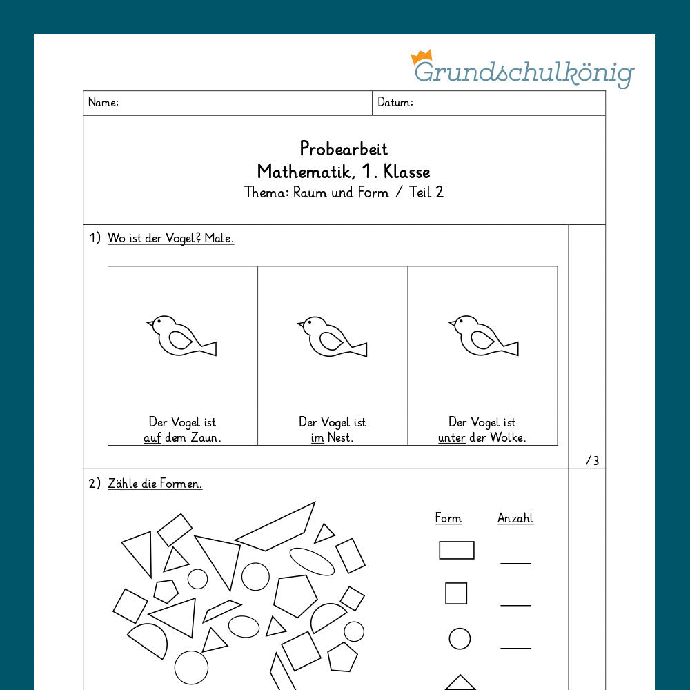 Mathe, 1. Klasse: Zwei Proben - Raum und Form 2
