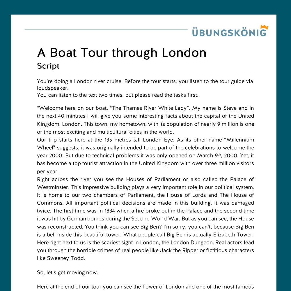 Königspaket: Listening Comprehension - A Boat Tour through London (Englisch, 7. Klasse)
