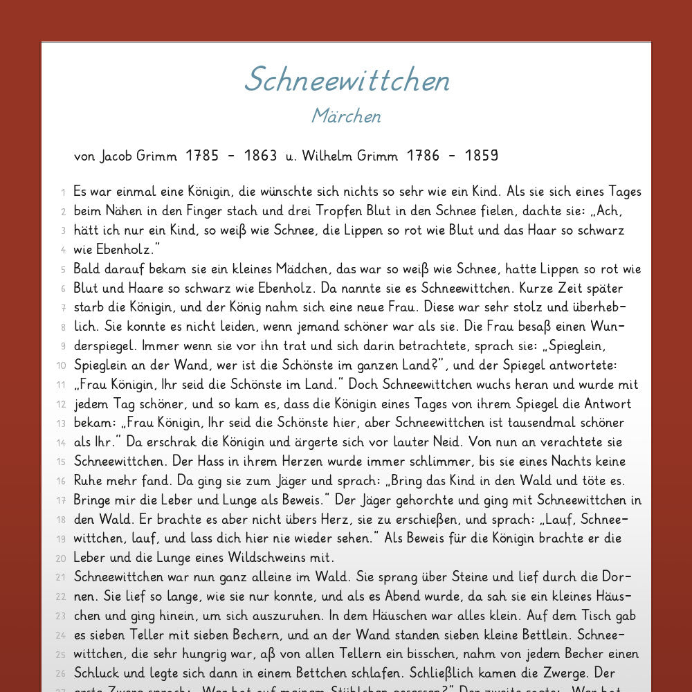Deutsch, 3. & 4. Klasse: Leseproben 1 - Tischlein deck dich & Schneewittchen