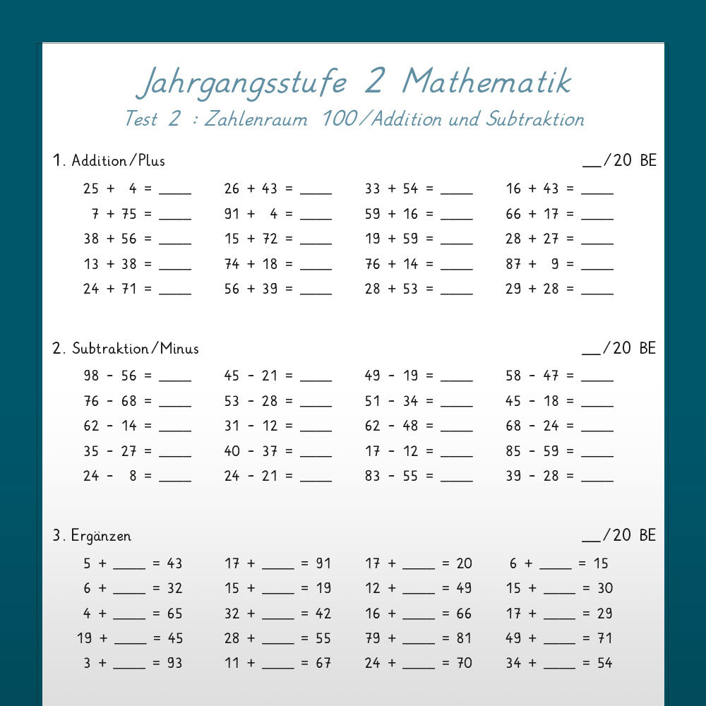Mathe: Jahrgangsstufentest zum Stoff der 2. Klasse