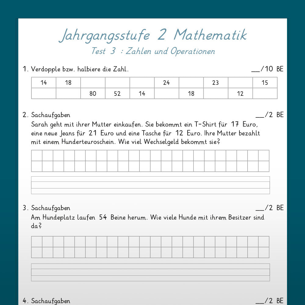 Mathe: Jahrgangsstufentest zum Stoff der 2. Klasse