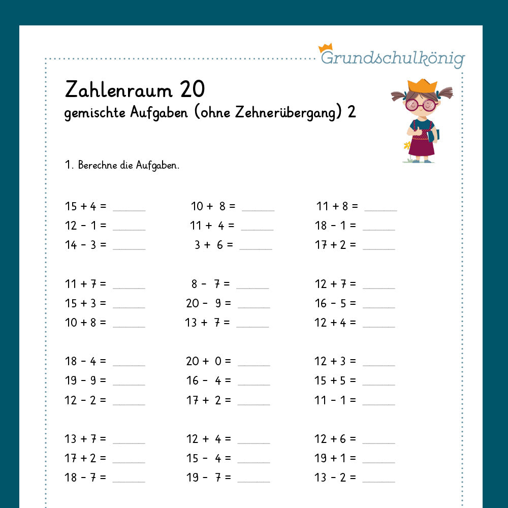 Königspaket: Gemischte Aufgaben im ZR 20 (Mathe, 1. Klasse) - inklusive Test