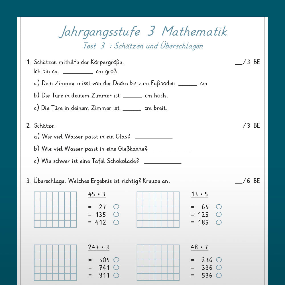 Mathe: Jahrgangsstufentest zum Stoff der 3. Klasse