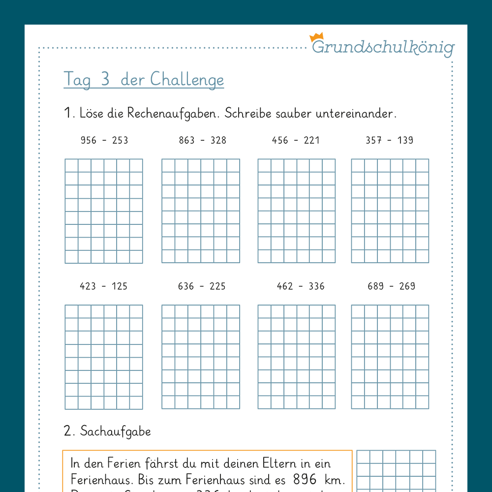 7-Tage-Challenge zum schriftlichen Verfahren der Subtraktion, 3./ 4. Klasse