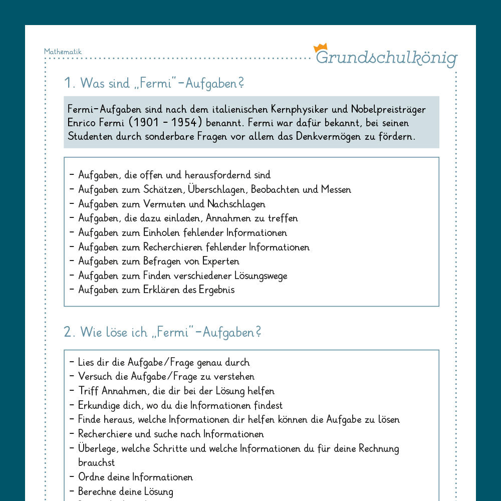 Mathe, 3. Klasse: Fermi-Aufgaben