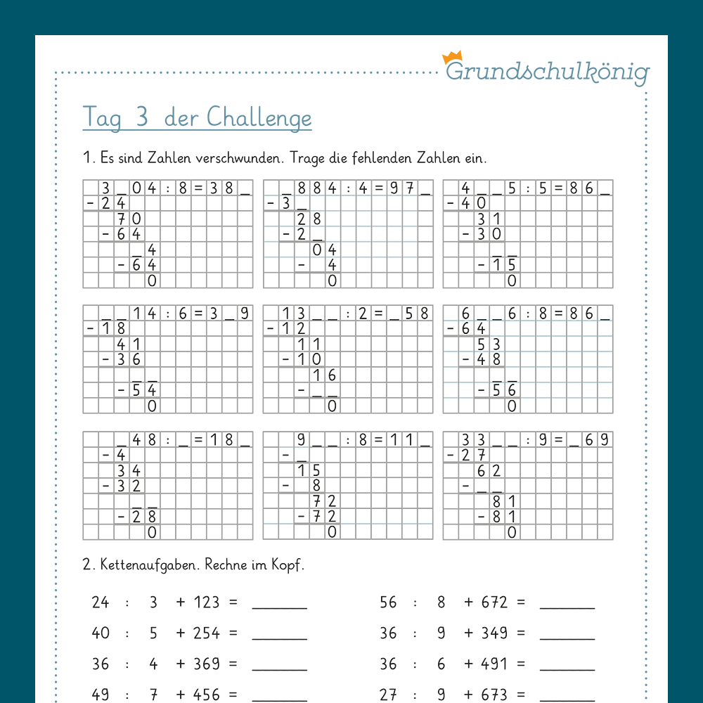 7-Tage-Challenge zum schriftlichen Verfahren der Division, 4. Klasse
