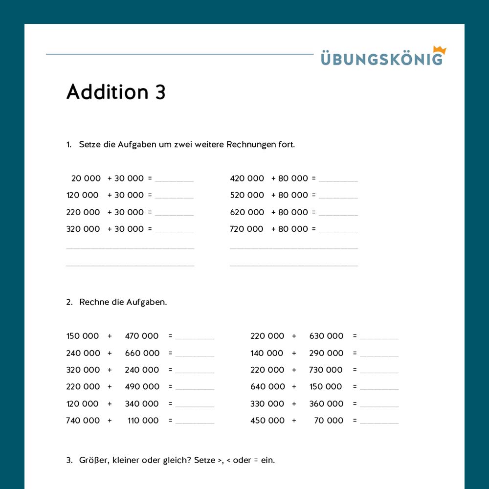 Königspaket: Addition ZR 1 000 000 (Mathe, Mittelschule)