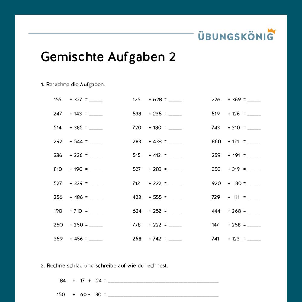 Königspaket: Gemischte Aufgaben im ZR 1 000 (Mathe, Mittelschule)