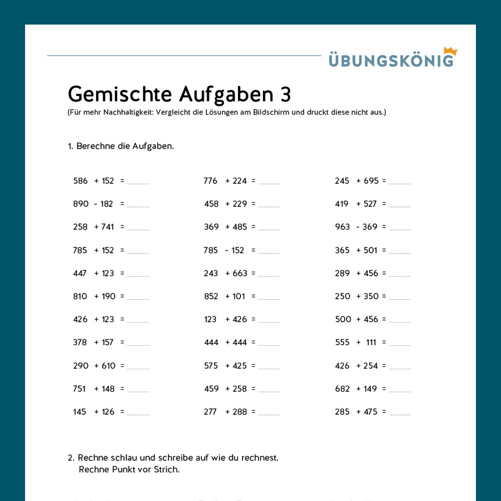 Königspaket: Gemischte Aufgaben im ZR 1 000 (Mathe, Mittelschule)