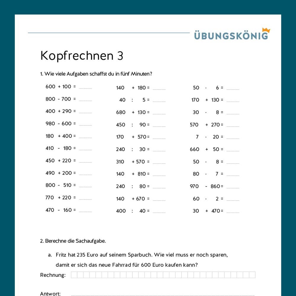 Königspaket: Kopfrechnen im ZR 1 000 (Mathe, Mittelschule)