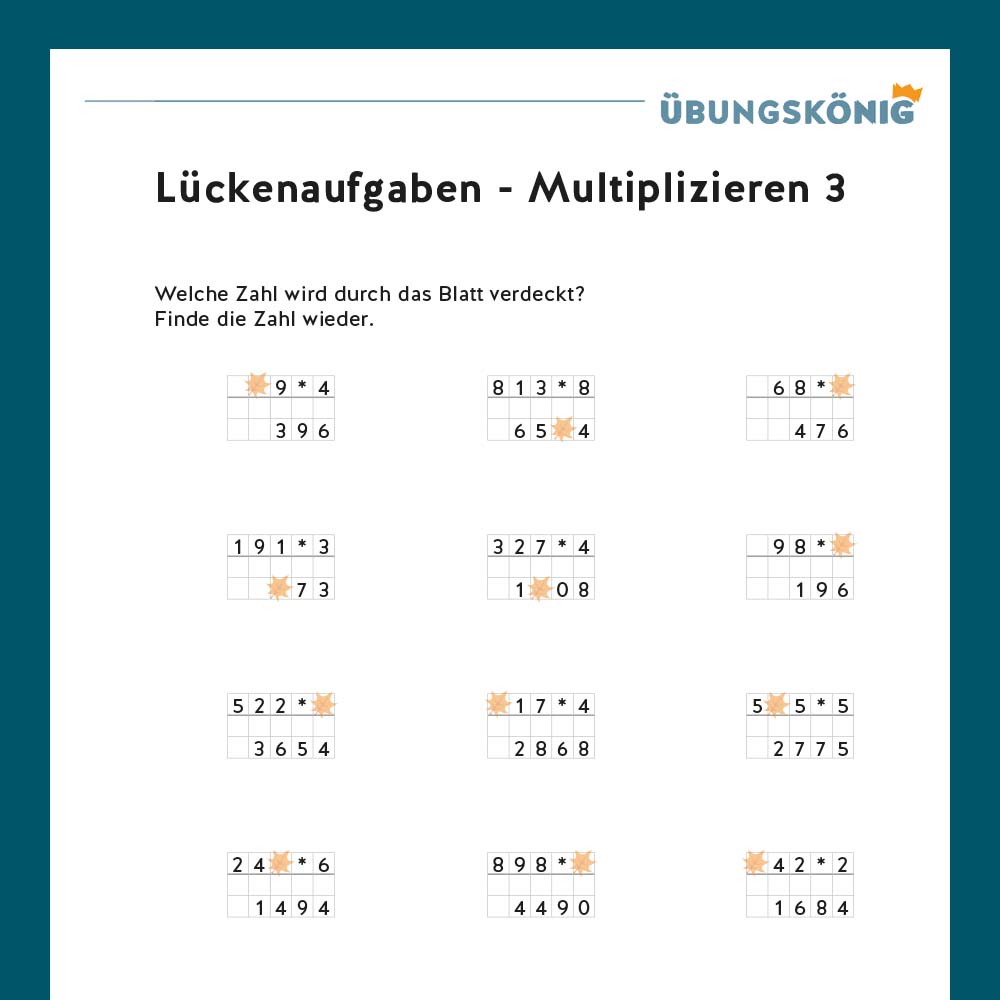 Königspaket: Lückenaufgaben Multiplizieren (Mathe, Mittelschule)