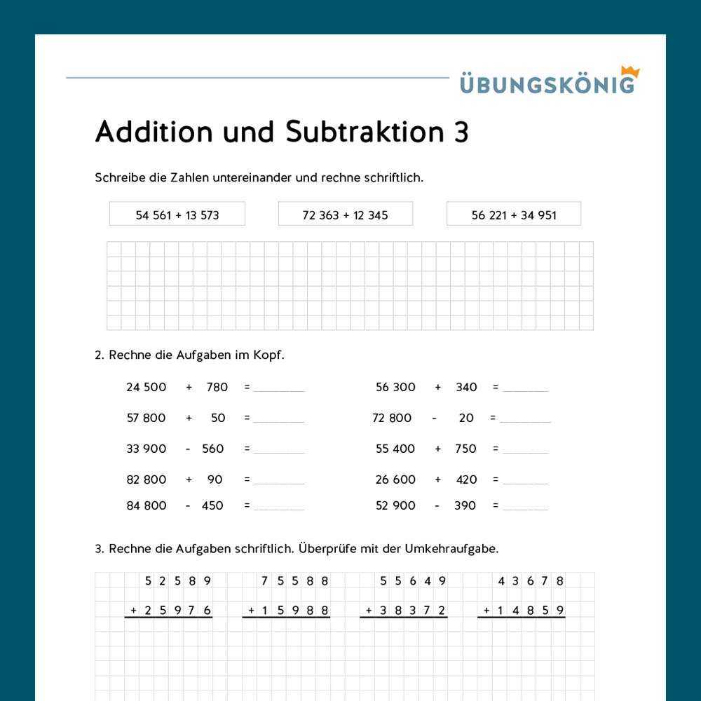 Königspaket: Addieren und Subtrahieren im Zahlenraum 100 000 (Mathe, Mittelschule)