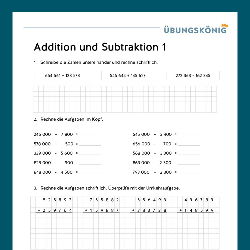 Königspaket: Addition und Subtraktion ZR 1 000 000 (Mathe, Mittelschule)