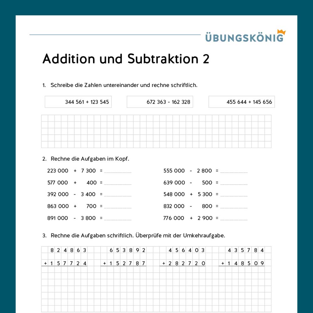 Königspaket: Addition und Subtraktion ZR 1 000 000 (Mathe, Mittelschule)