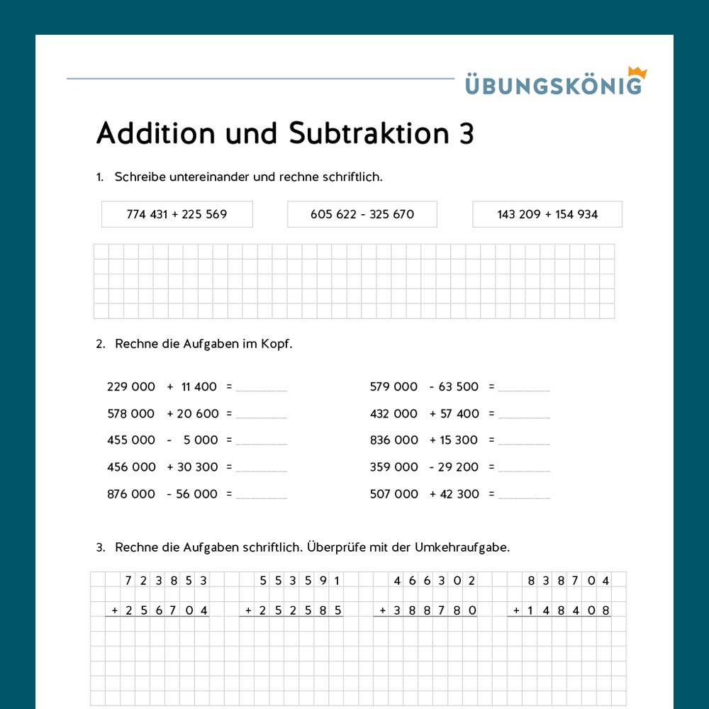 Königspaket: Addition und Subtraktion ZR 1 000 000 (Mathe, Mittelschule)
