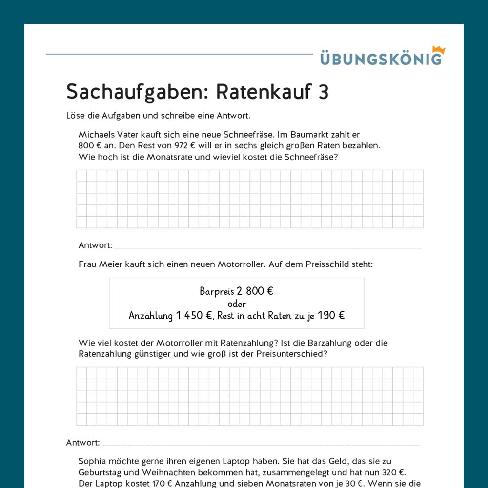 Königspaket: Sachaufgaben zum Ratenkauf (Mathe, Mittelschule)
