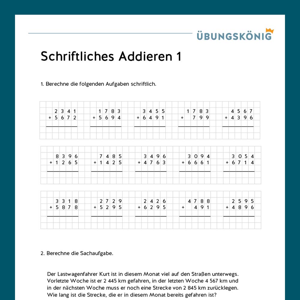 Königspaket: Schriftliches Addieren ZR 10 000 (Mathe, Mittelschule)