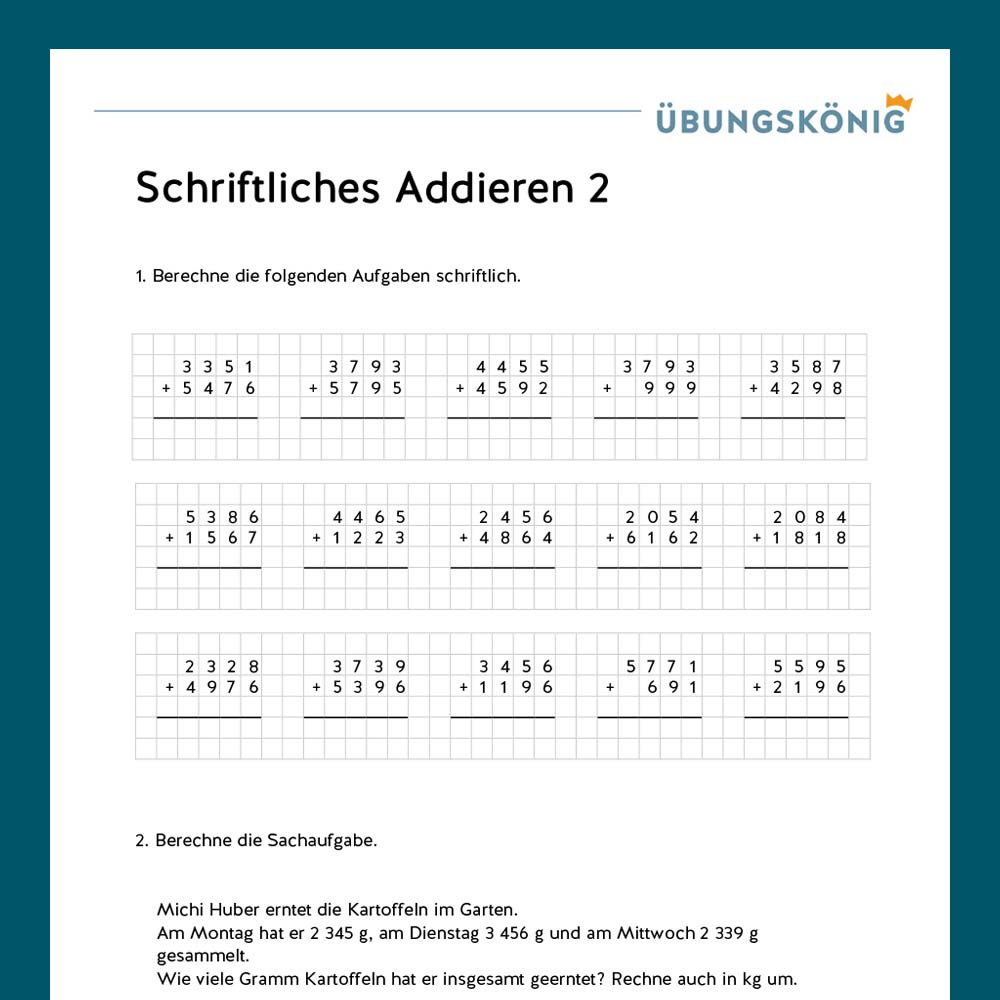 Königspaket: Schriftliches Addieren ZR 10 000 (Mathe, Mittelschule)