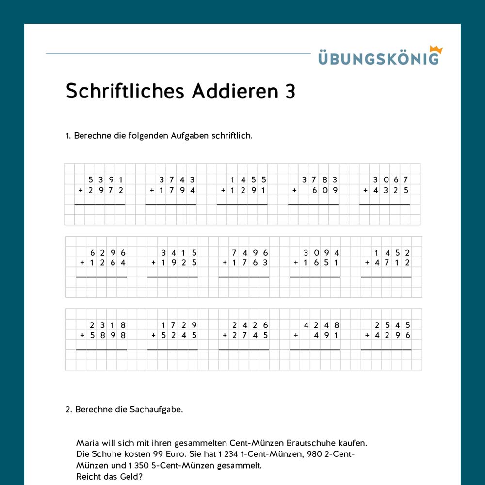 Königspaket: Schriftliches Addieren ZR 10 000 (Mathe, Mittelschule)