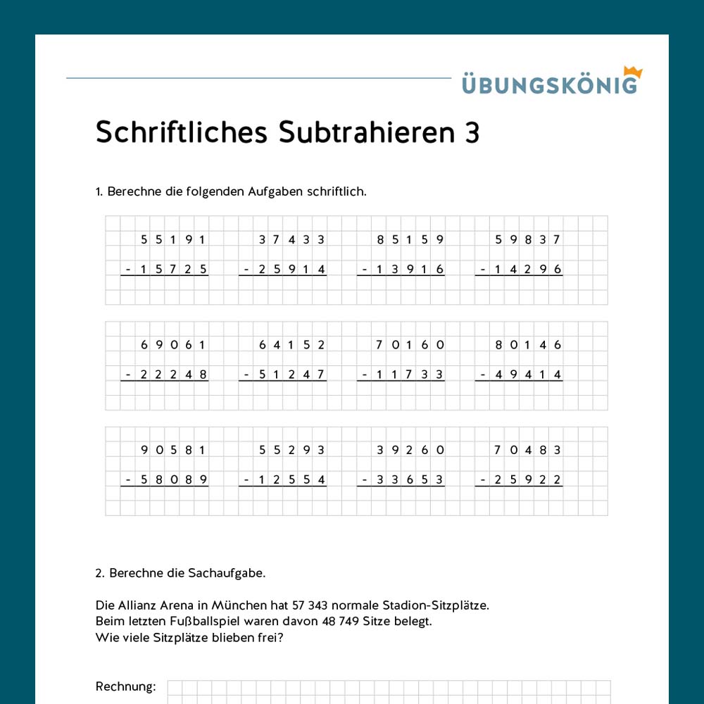 Königspaket: Schriftliches Subtrahieren ZR 100 000 (Mathe, Mittelschule)
