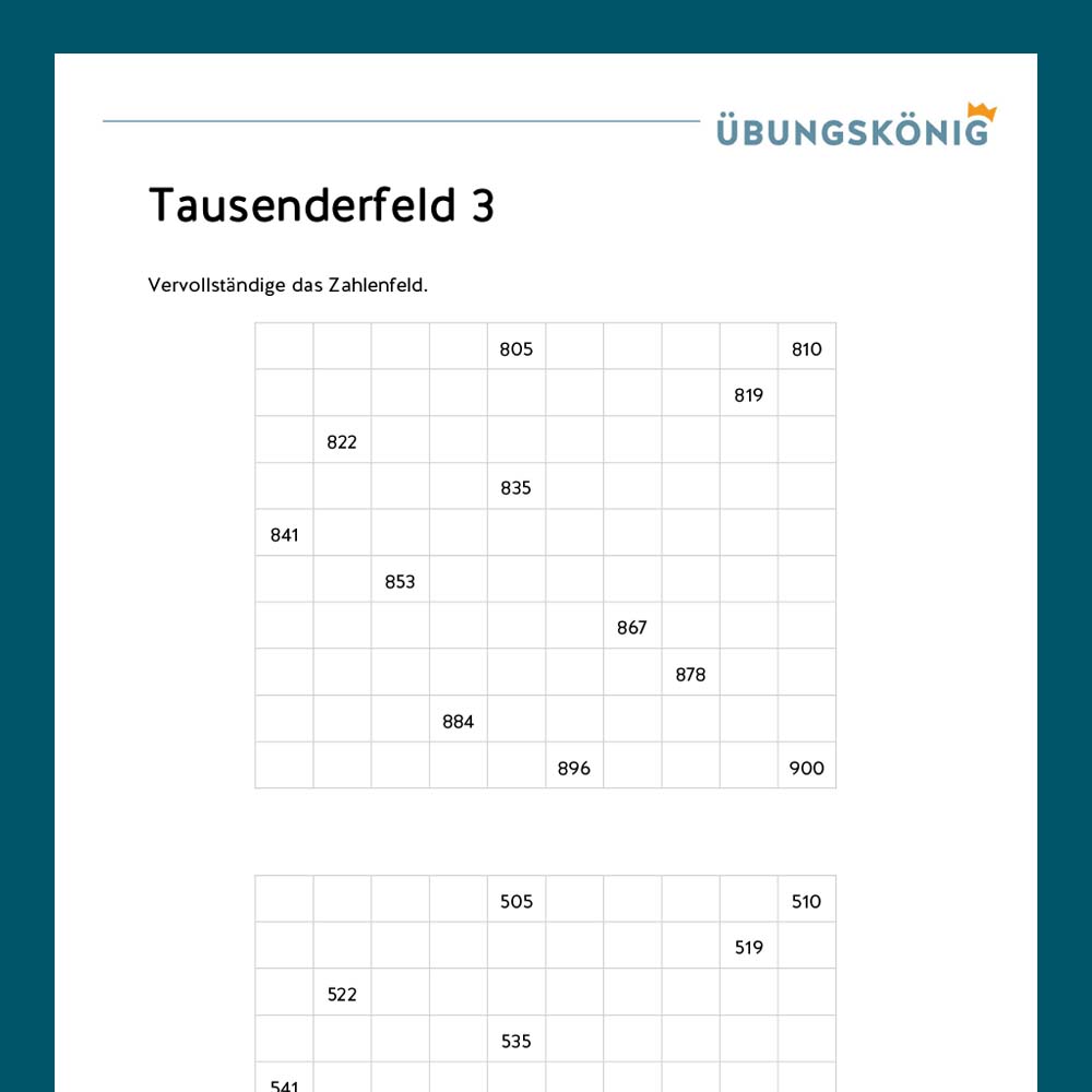 Königspaket: Tausenderfeld im ZR 1 000 (Mathe, Mittelschule)