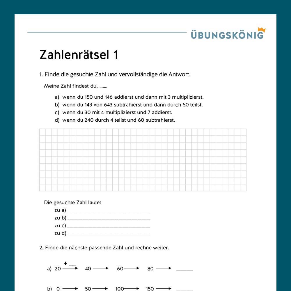 Königspaket: Zahlenrätsel im ZR 1 000 (Mathe, Mittelschule)