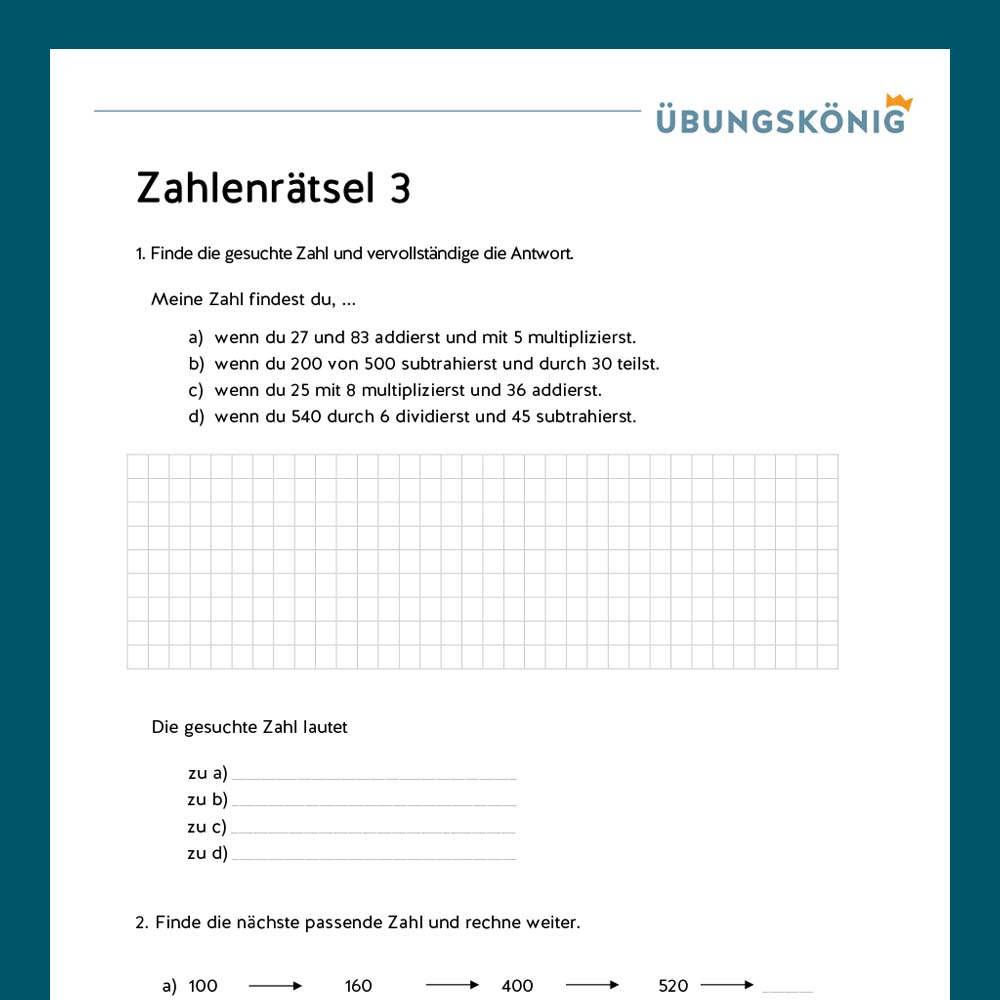 Königspaket: Zahlenrätsel im ZR 1 000 (Mathe, Mittelschule)