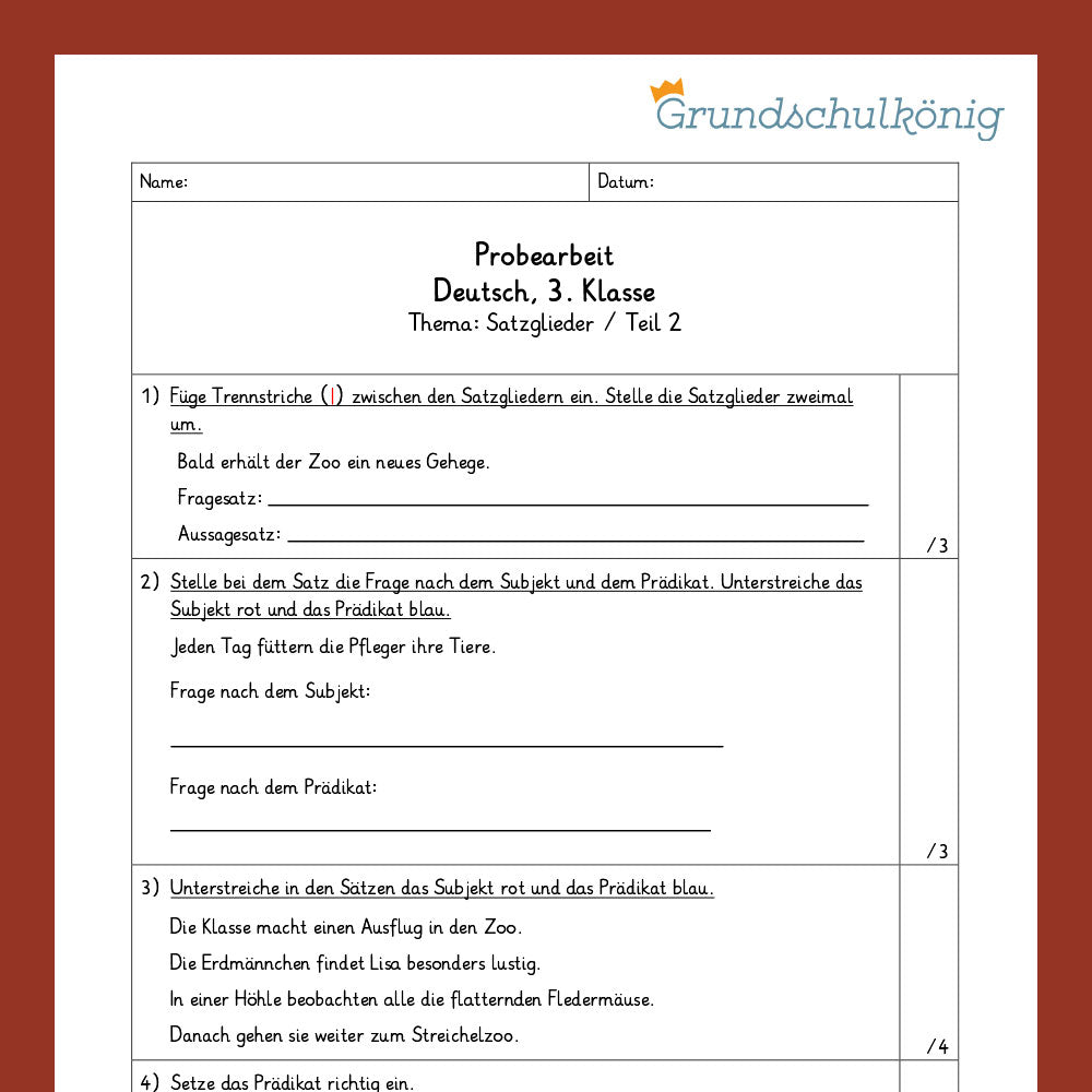 Deutsch, 3. Klasse: Zwei Proben - Satzglieder