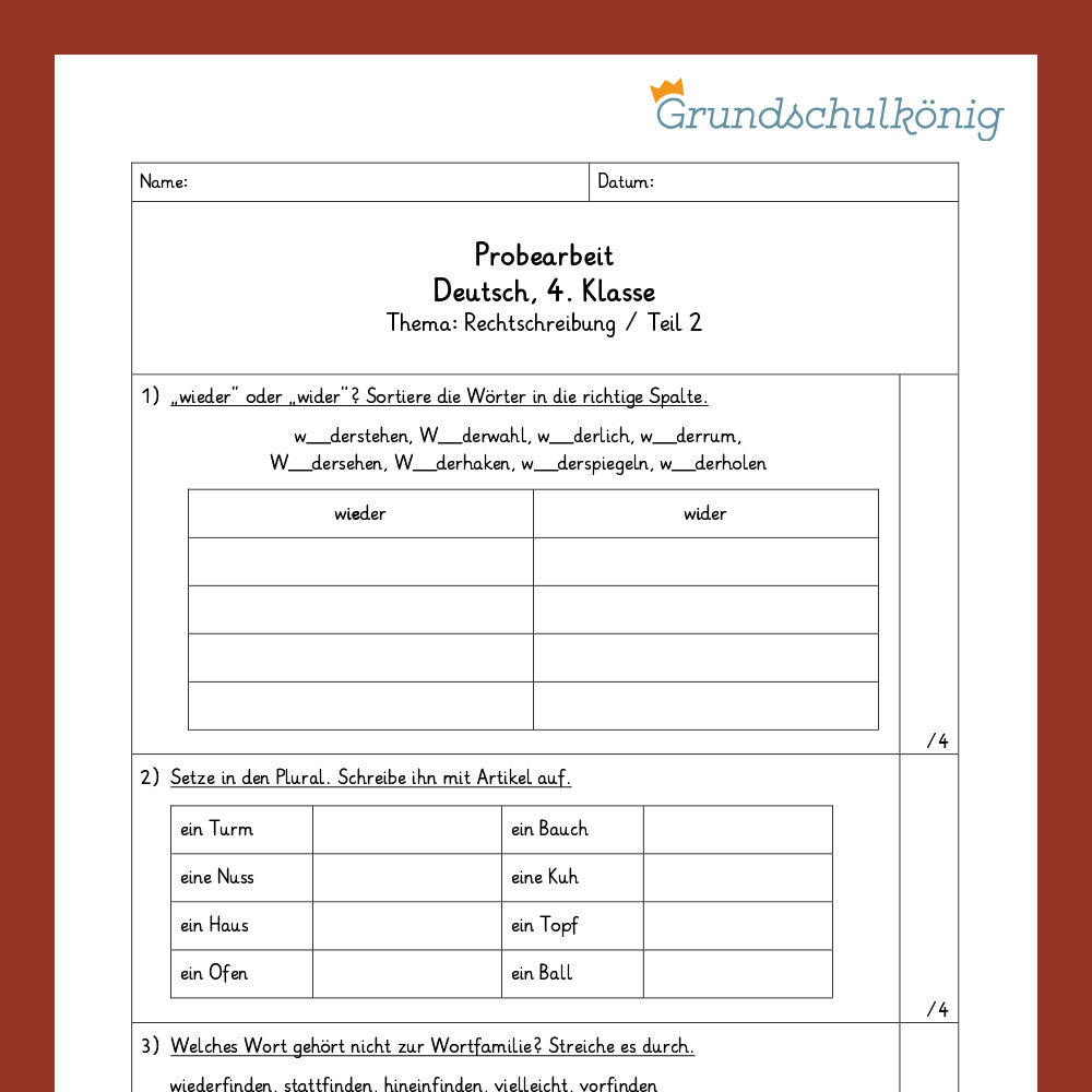 Deutsch, 4. Klasse: Zwei Proben - Rechtschreibung
