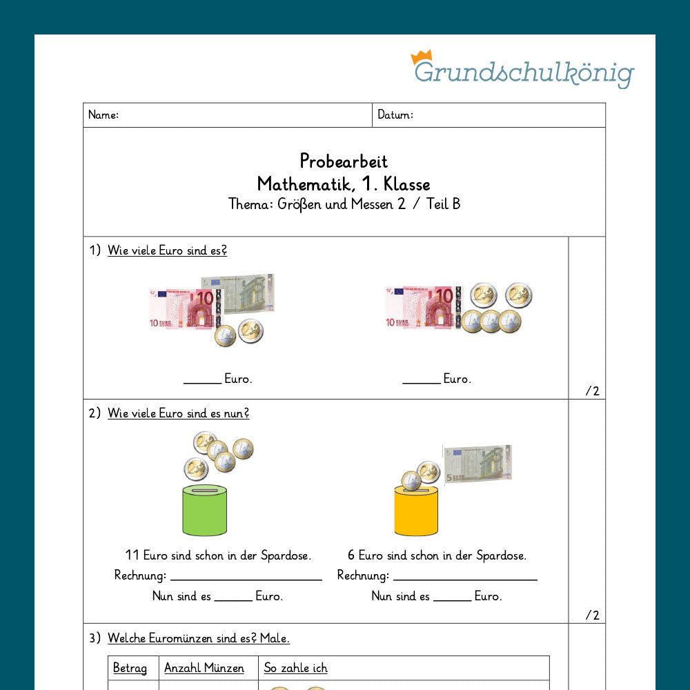 Mathe, 1. Klasse: Zwei Proben - Größen und Messen 2