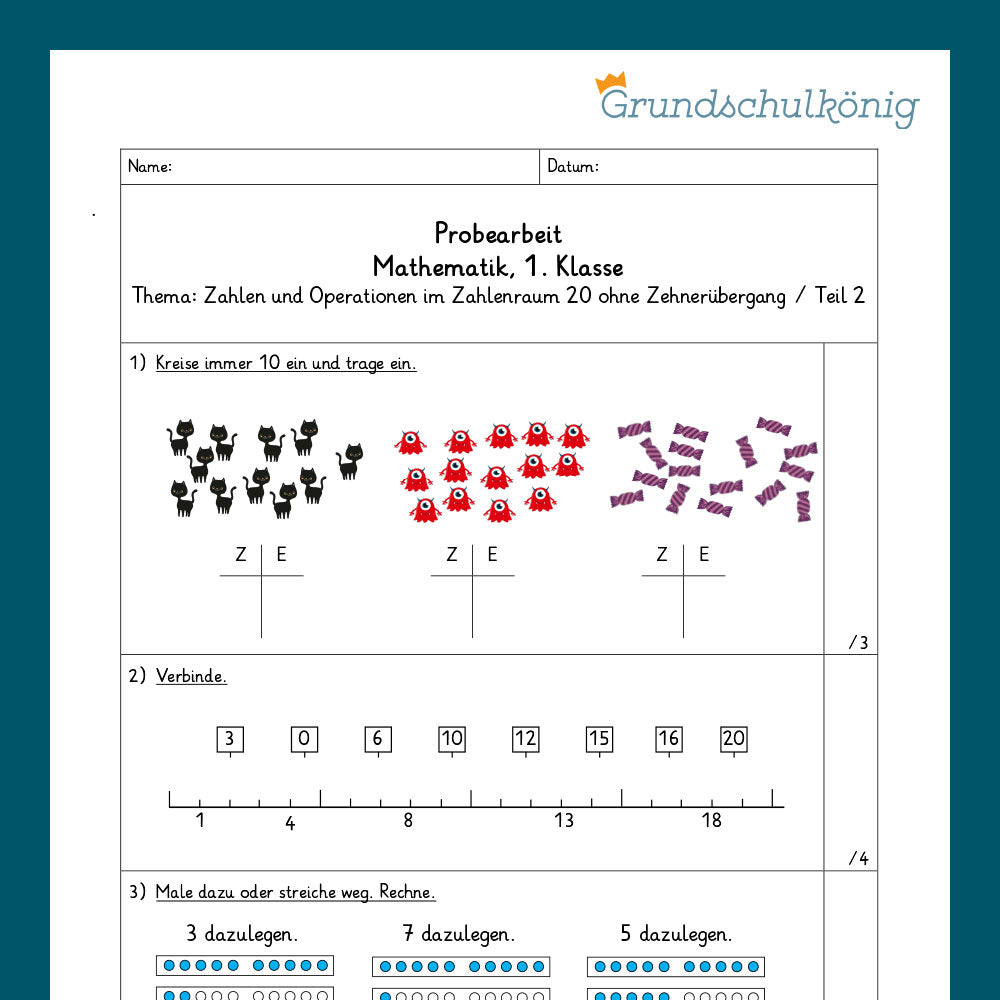 Mathe, 1. Klasse: Zwei Proben - Zahlenoperationen im Zahlenraum 20 - 1. Teil