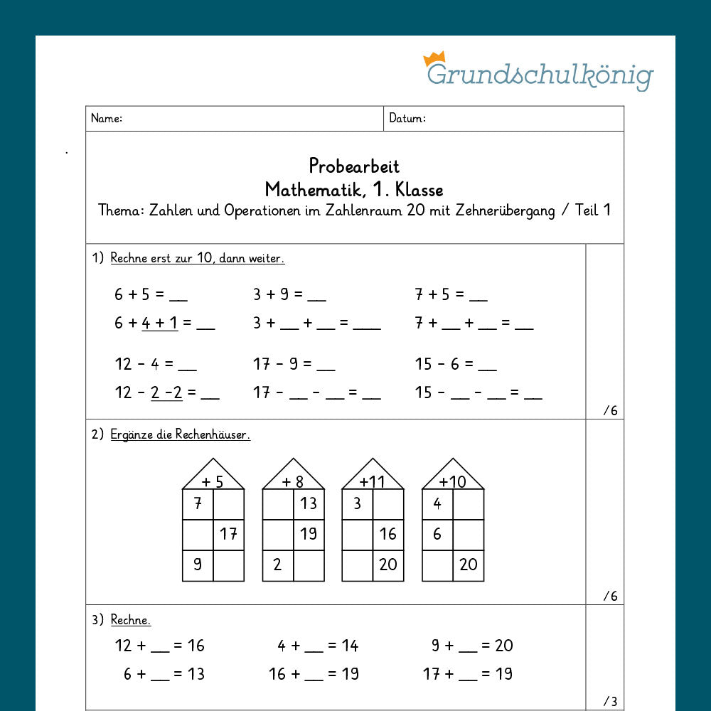 Mathe, 1. Klasse: Zwei Proben - Zahlenoperationen im Zahlenraum 20 - 2. Teil
