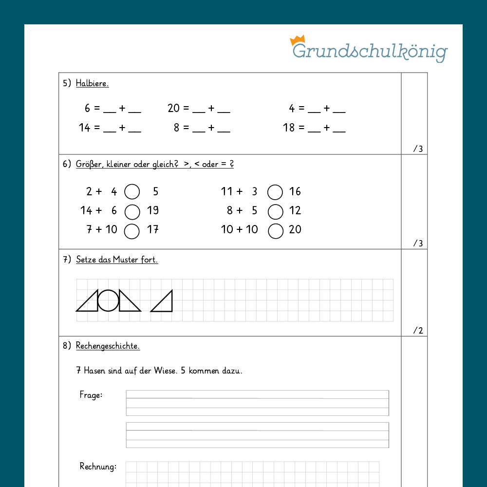 Mathe, 1. Klasse: Zwei Proben - Zahlenoperationen im Zahlenraum 20 - 2. Teil