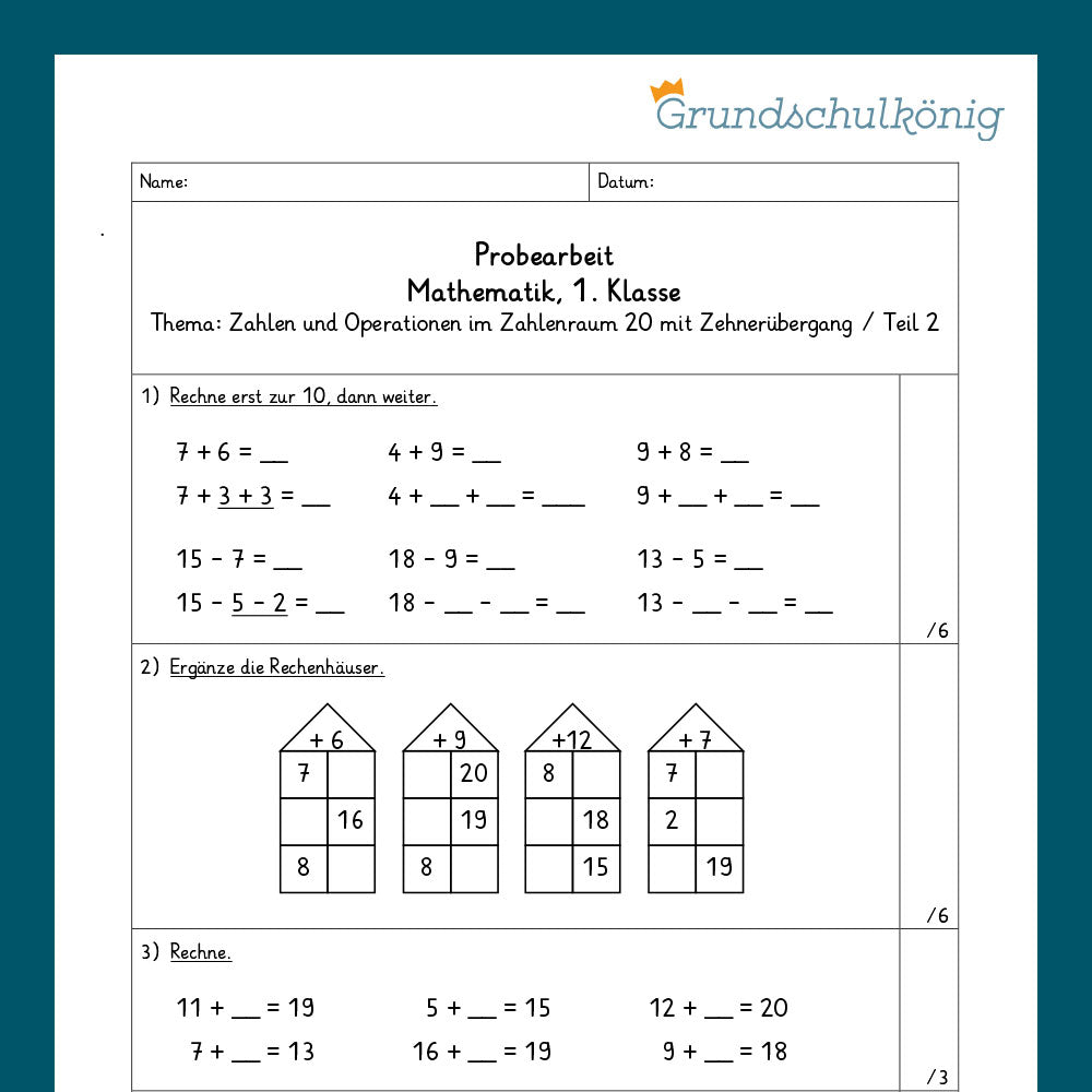 Mathe, 1. Klasse: Zwei Proben - Zahlenoperationen im Zahlenraum 20 - 2. Teil
