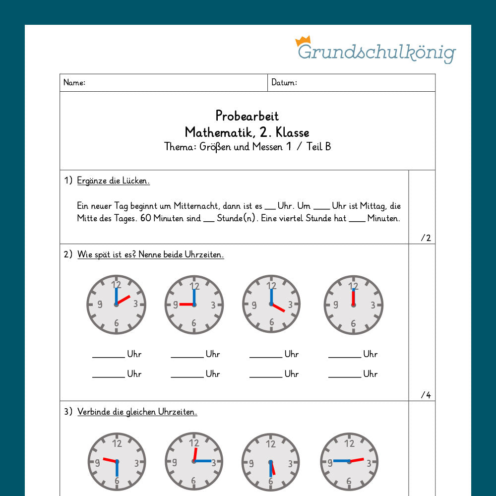 Mathe, 2. Klasse: Zwei Proben - Größen und Messen 1