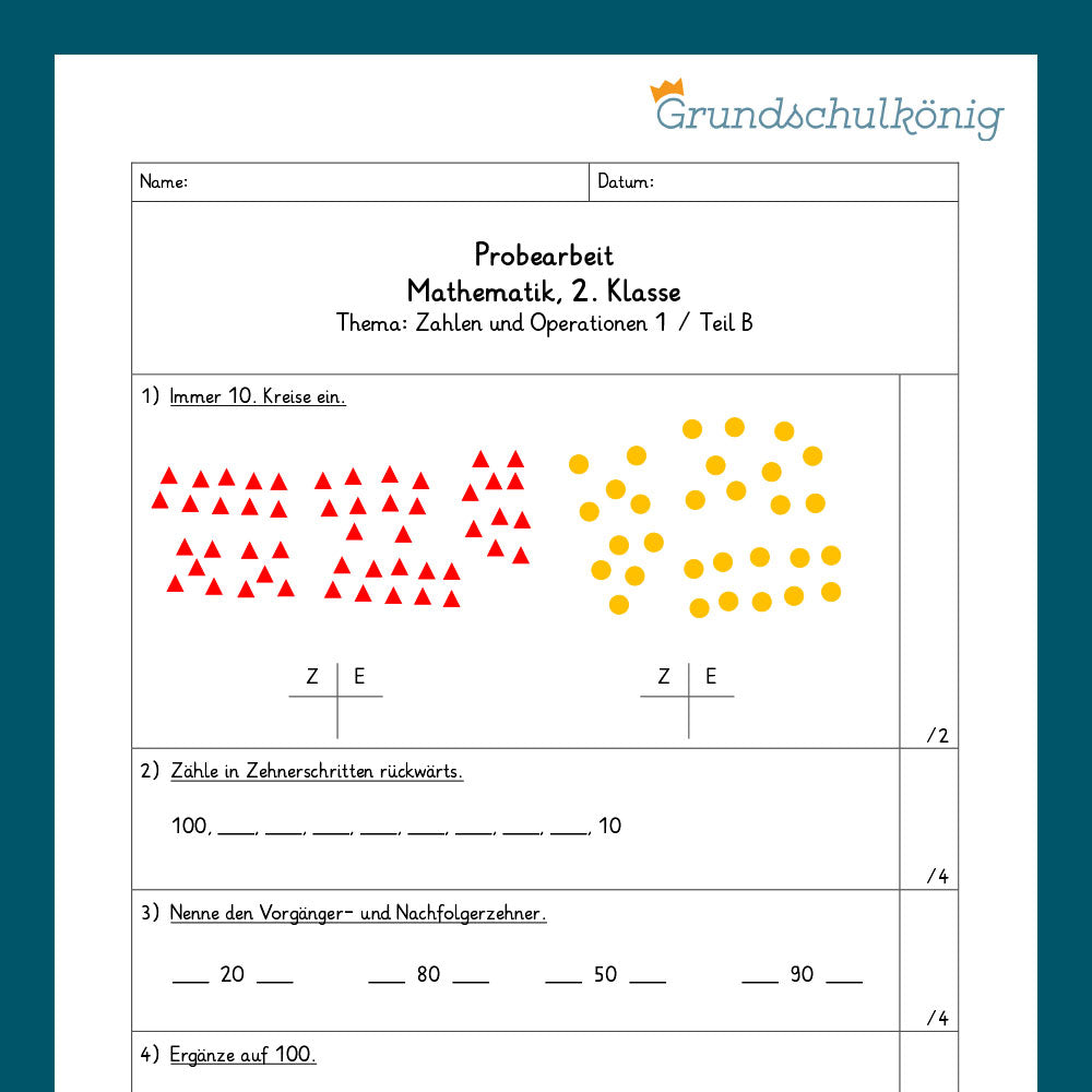 Mathe, 2. Klasse: Zwei Proben - Zahlenoperationen 1