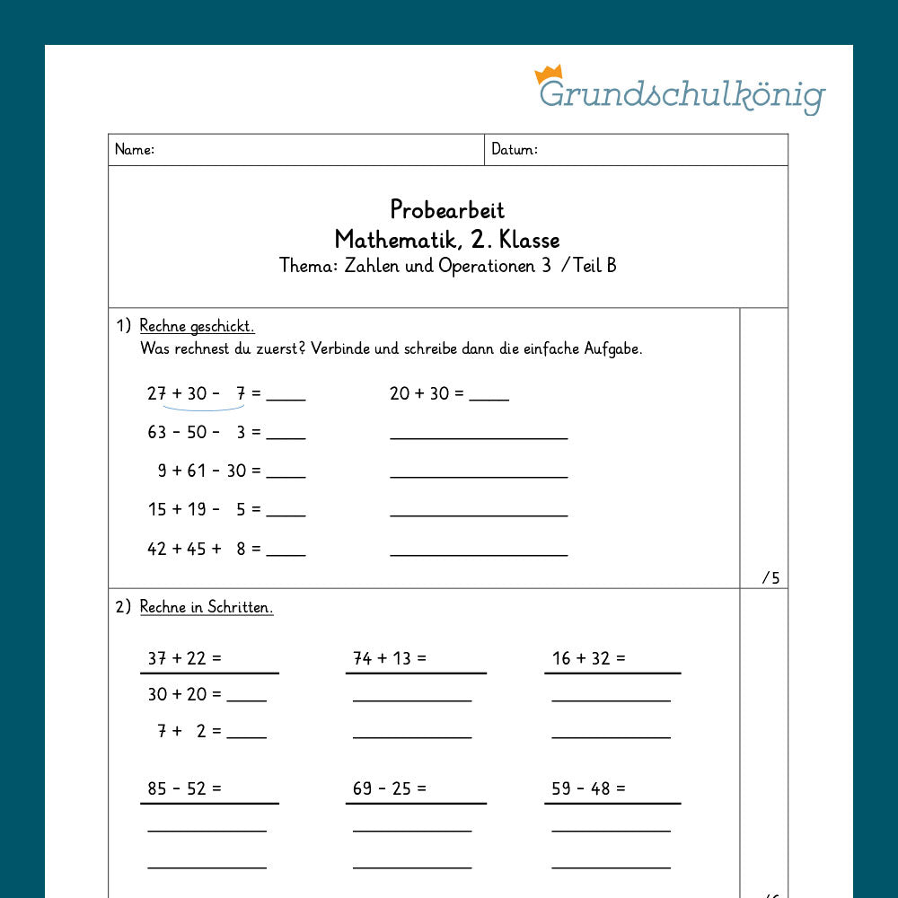 Mathe, 2. Klasse: Zwei Proben - Zahlenoperationen 3