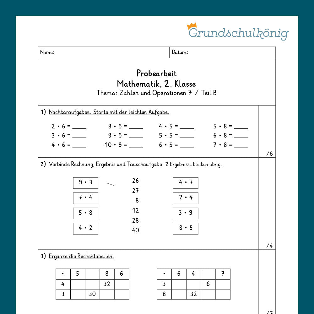 Mathe, 2. Klasse: Zwei Proben - Zahlenoperationen 7