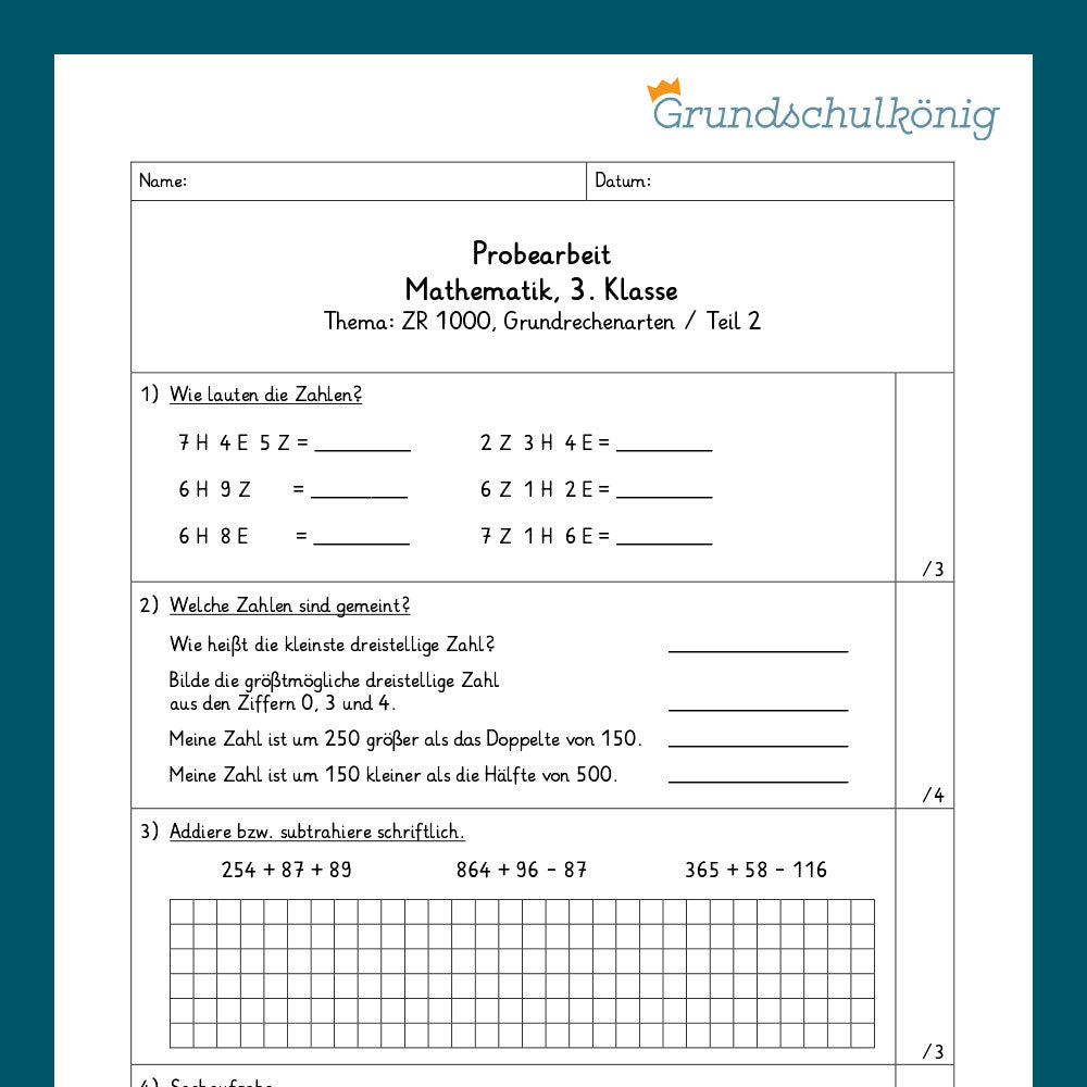 Mathe, 3. Klasse: Zwei Proben - Grundrechenarten im Zahlenraum 1 000