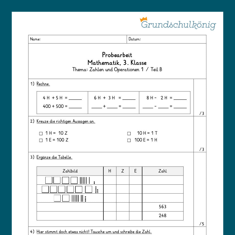 Mathe, 3. Klasse: Zwei Proben - Zahlenoperationen 1