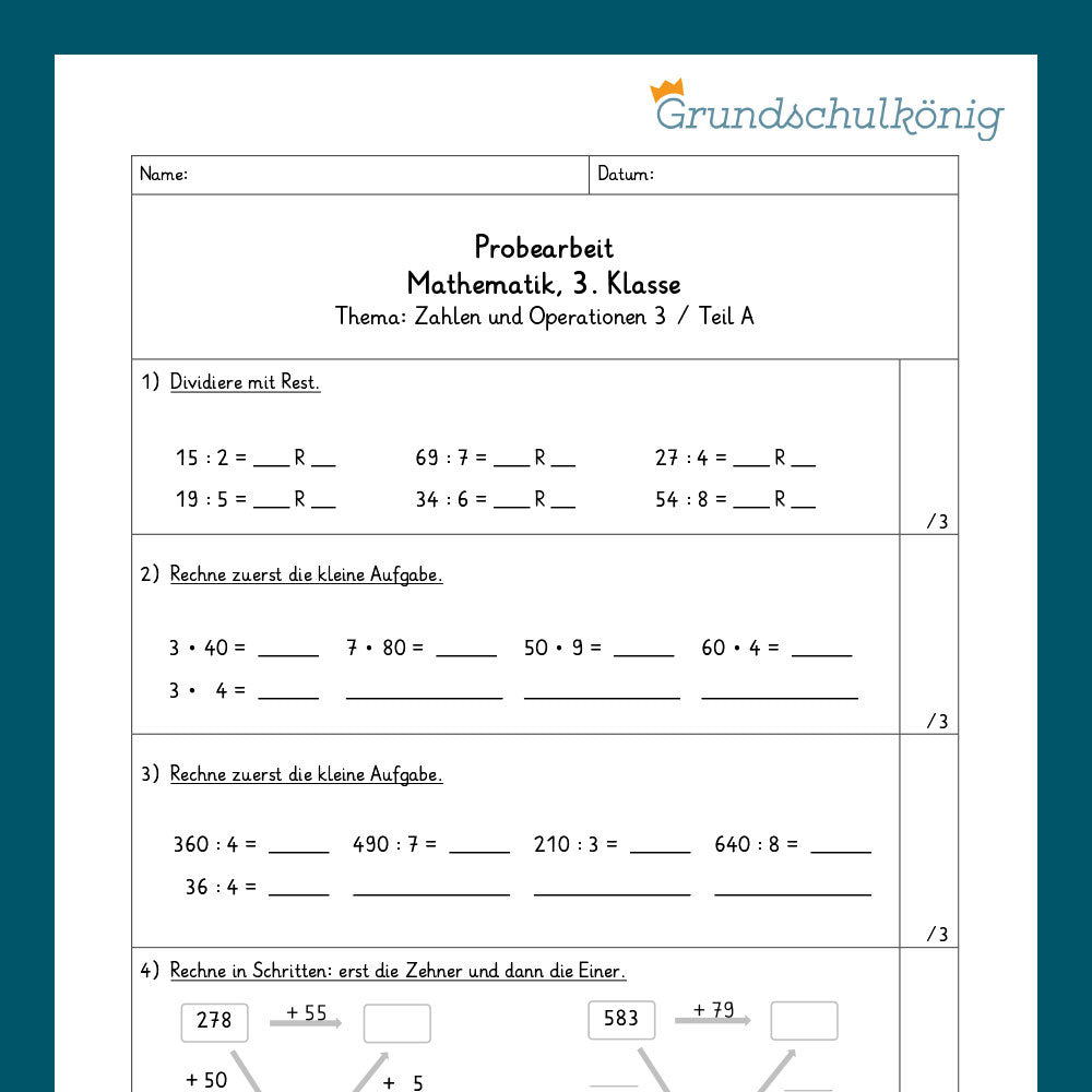 Mathe, 3. Klasse: Zwei Proben - Zahlenoperationen 3
