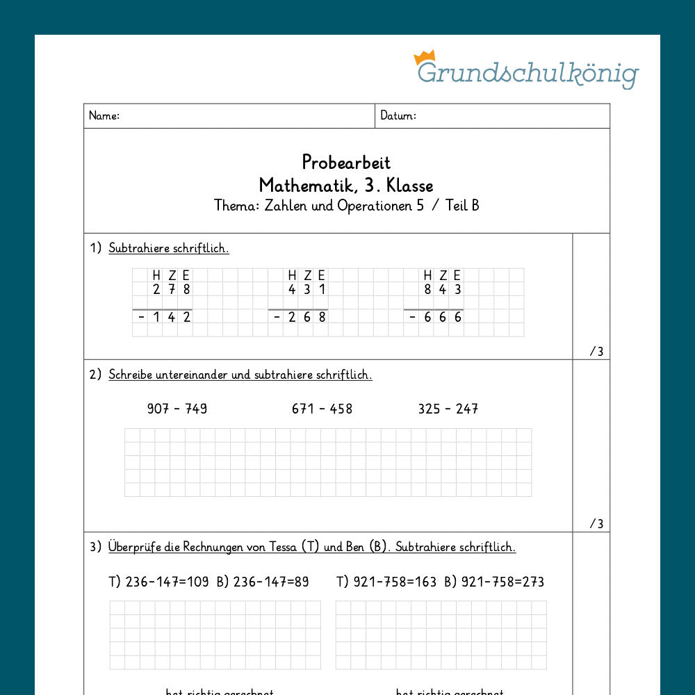 Mathe, 3. Klasse: Zwei Proben - Zahlenoperationen 5
