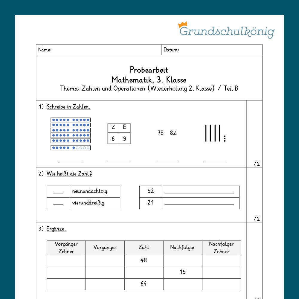 Mathe, 3. Klasse: Zwei Proben - Zahlenoperationen - Wiederholung 2. Klasse