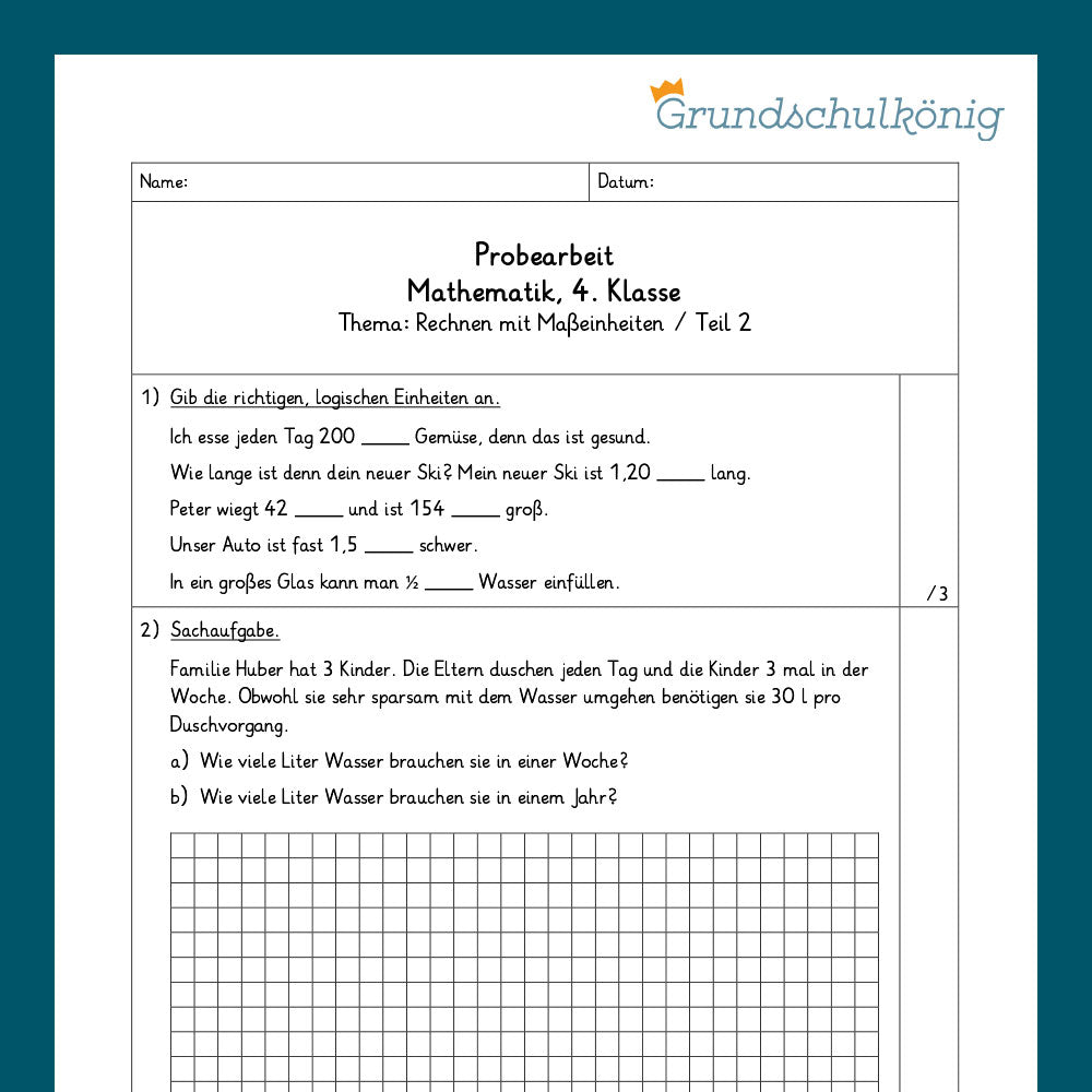 Mathe, 4. Klasse: Zwei Proben - Maßeinheiten