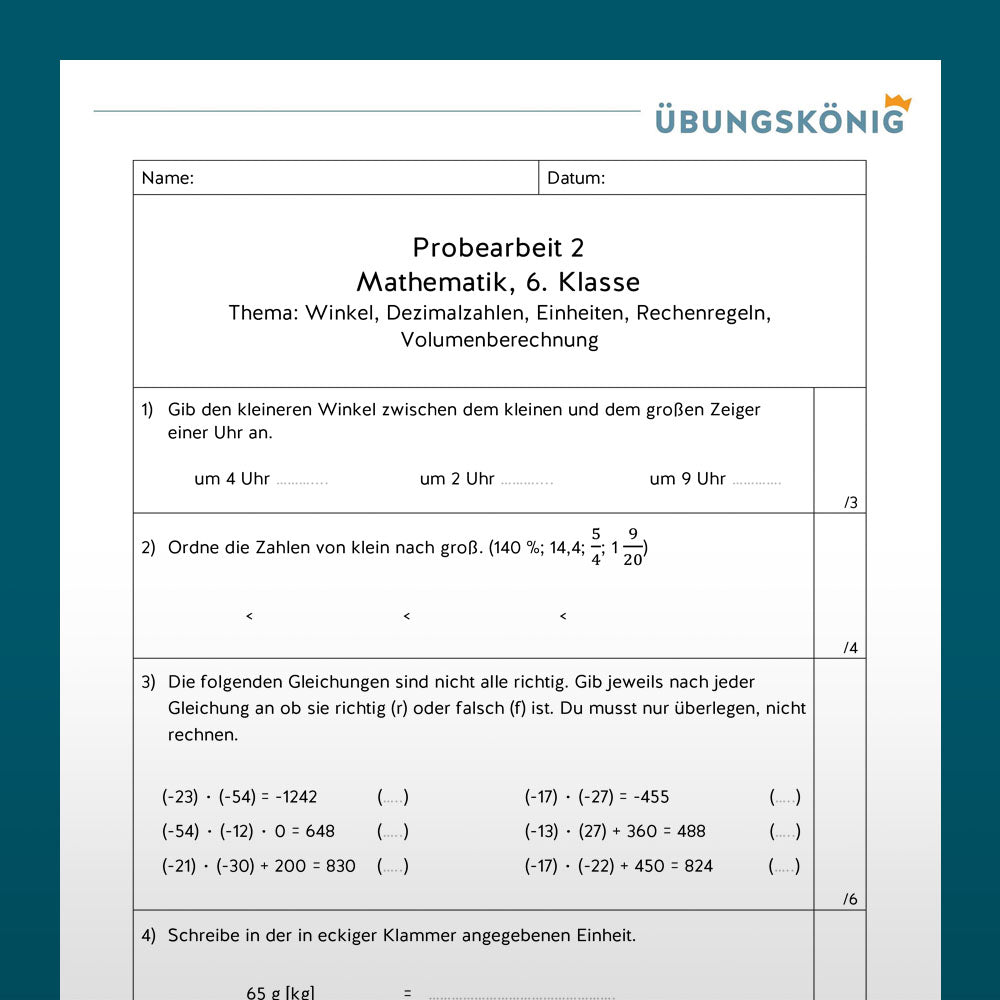 Mathe, 6. Klasse: Zwei Proben - Einheiten, Dezimalzahlen, Winkel, etc.