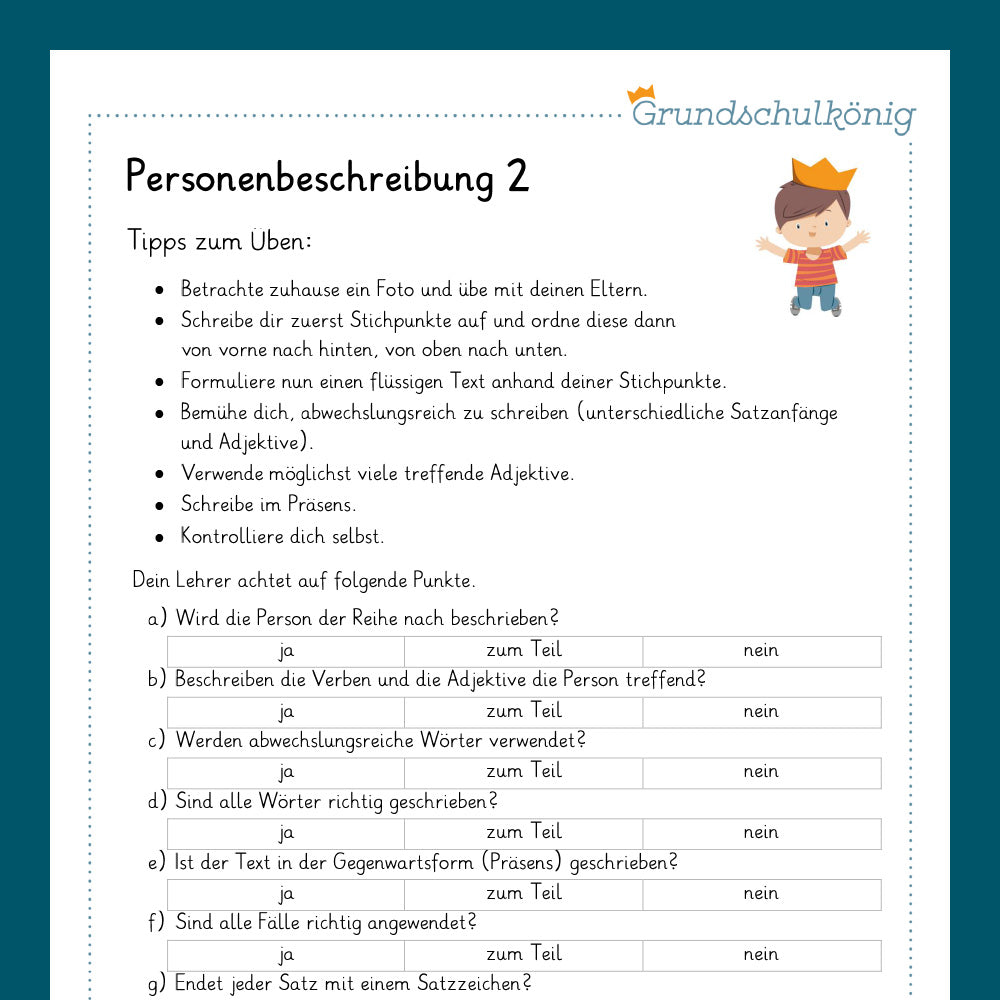 Königspaket: Personenbeschreibung (Deutsch, 3. Klasse) - inklusive Test