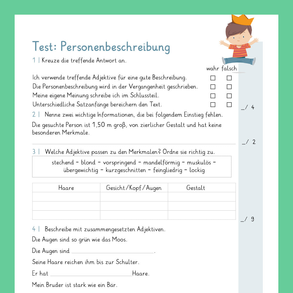 Königspaket: Personenbeschreibung (Deutsch, 3. Klasse) - inklusive Test