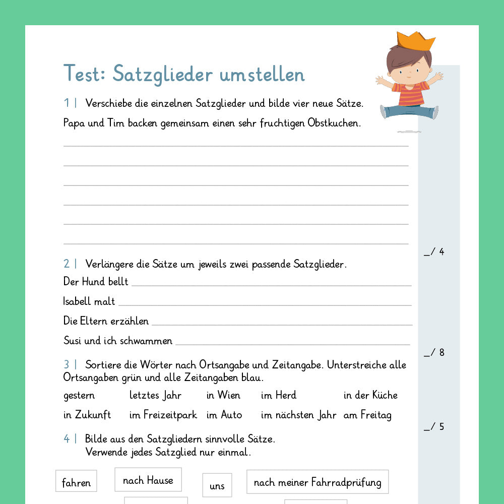 Königspaket: Satzglieder - Sätze umstellen (Deutsch, 3. Klasse) - inklusive Test