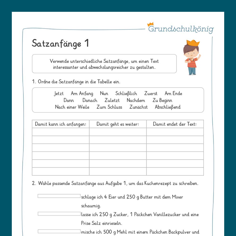 Königspaket: Satzanfänge (Deutsch, 3. Klasse)